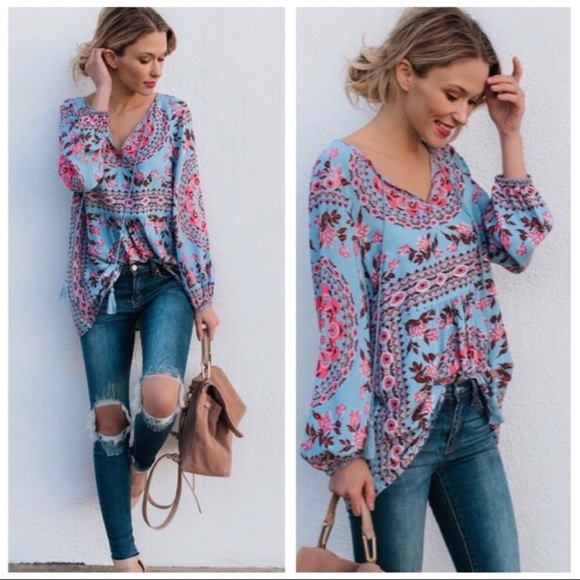 Fun Boho Peasant Blouse in Blue - Picture 4 of 6